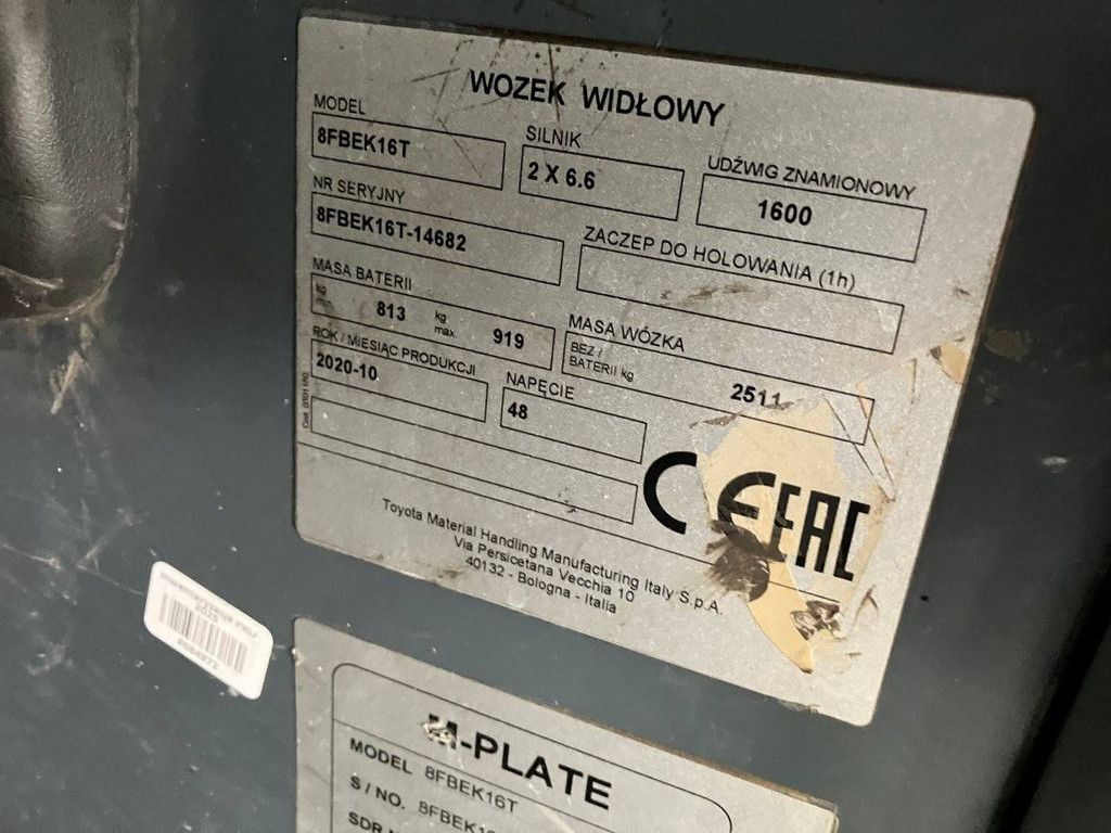 Toyota 8FBEK16T Electric Forklift 1600kg 5.0m 2020