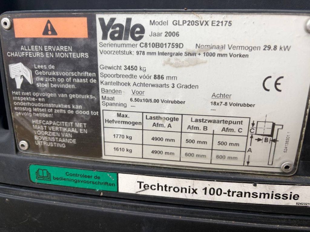 Forklift Yale GLP20SVX LPG 1770kg 4.9m 2006