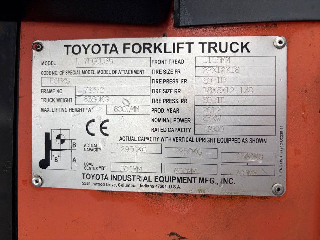 Forklift Toyota 7FGCU35 LPG 3500kg 6m 2012