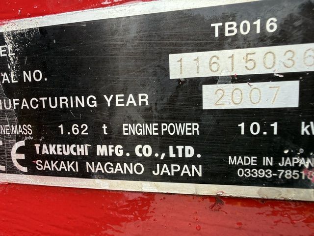 Takeuchi TB016 1.7T Minigraver Minikraan CAT Kubota Bobcat