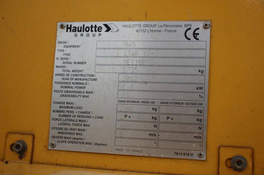 Haulotte Star 10 Electric Mast Lift 200kg 10m 2012