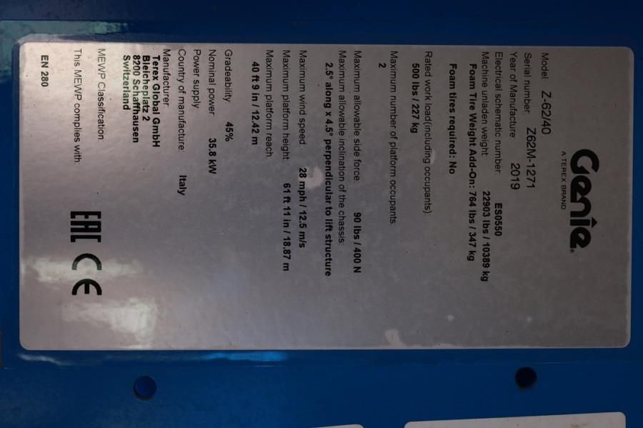 Genie Z62/40 Diesel, 4x4 Drive, 20.9 m Working Height, 1