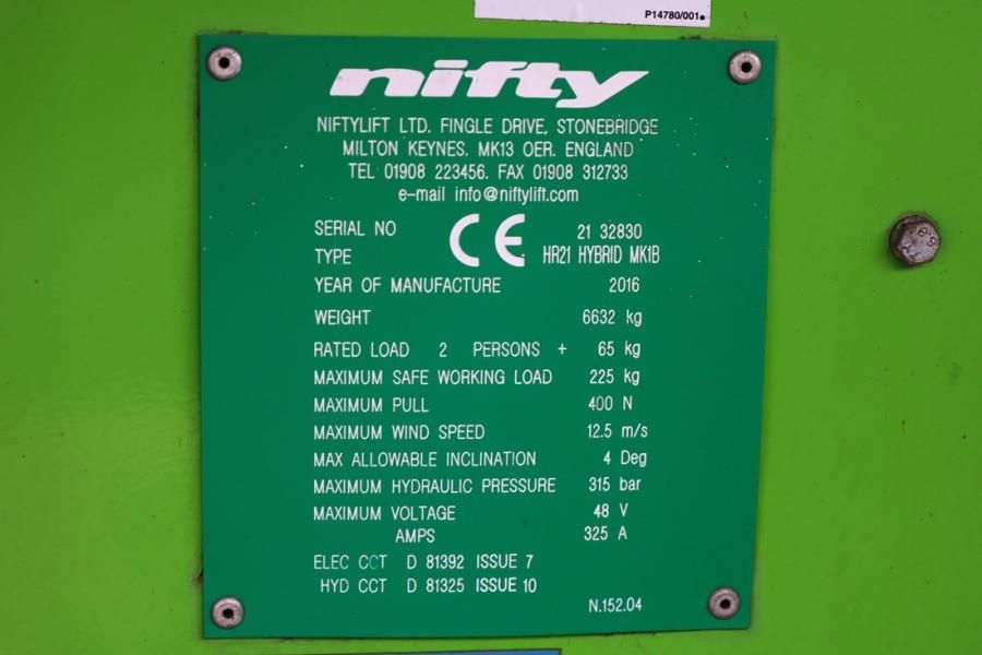 Niftylift HR21 HYBRID As - Is, Hybrid, 4x4 Drive, 21m Workin
