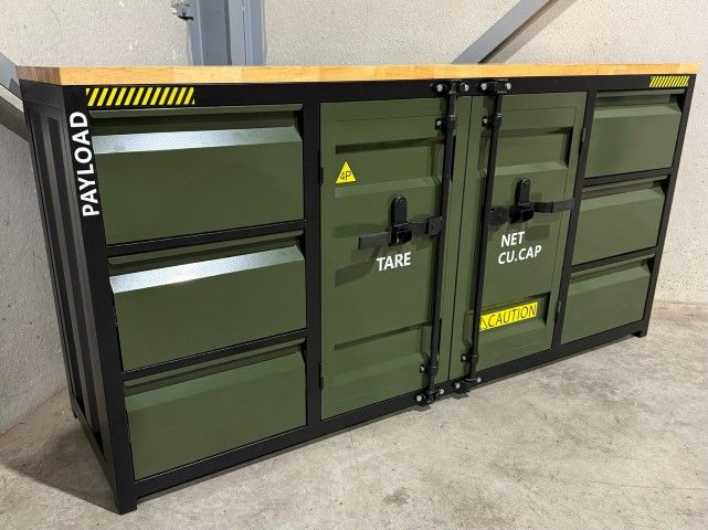 Metal workbench with a wooden top