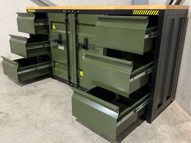 Metal workbench with a wooden top
