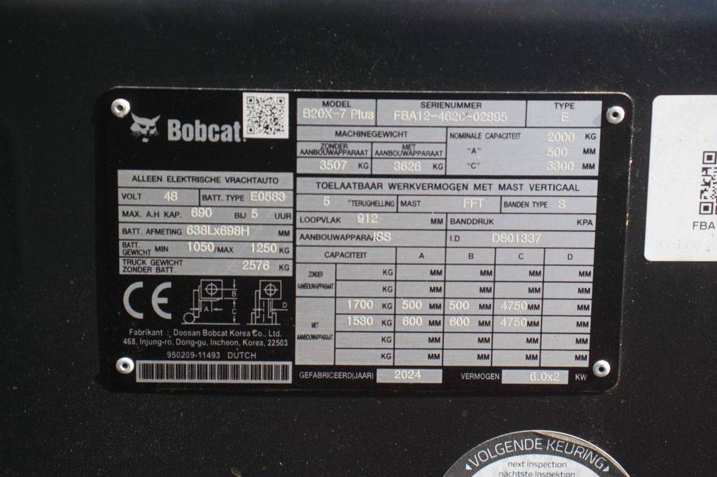 Bobcat B20X-7 Plus Electric Forklift 2000kg 4.75m 2024
