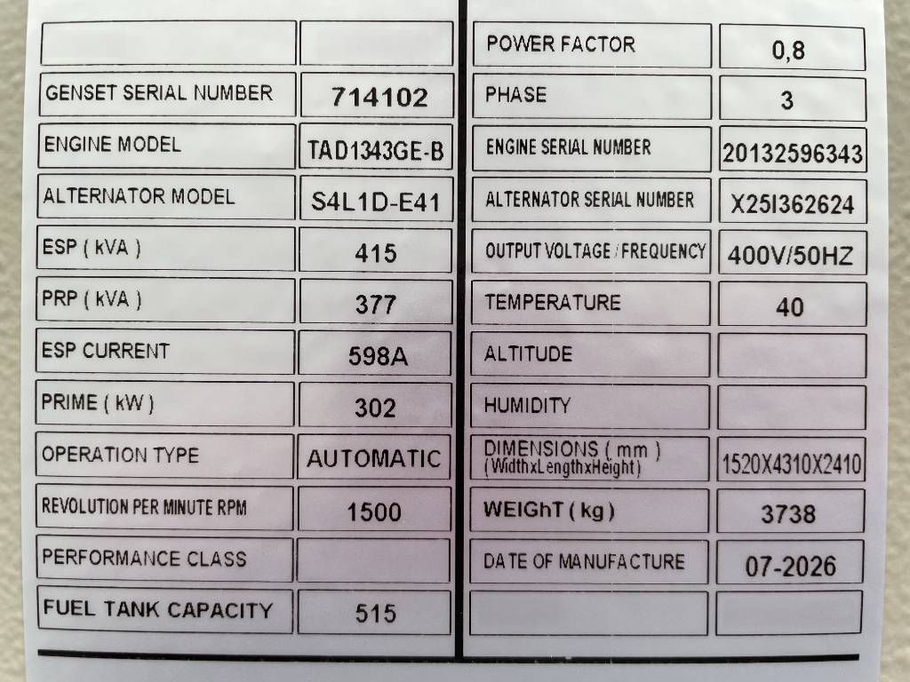 Volvo TAD1343GE-B - 415 kVA Generator - DPX-18879