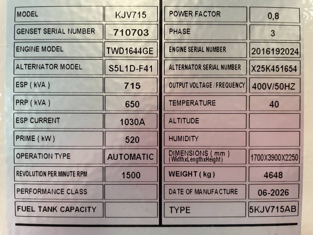 Volvo TWD1644GE - 715 kVA Generator - DPX-18884.1-O