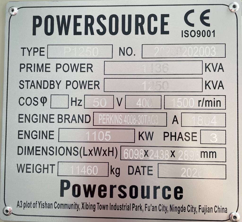 Perkins 4008TAG3 - 1250 kVA Open Genset - DPX-19821-O