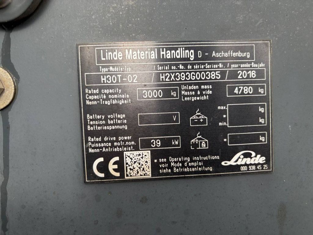 Forklift Linde H30T-02 LPG 3000kg 4.45m 2016