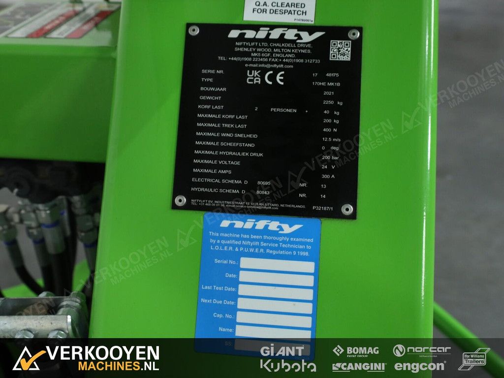 2021 Niftylift 170HE Accu Spinhoogwerker Aanhanger VV1359 new batteries!