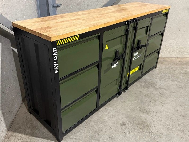 Metal workbench with a wooden top