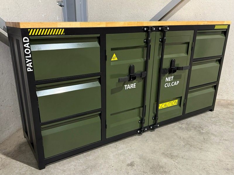 Metal workbench with a wooden top
