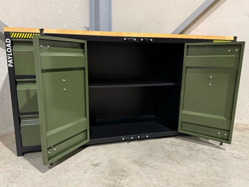 Metal workbench with a wooden top