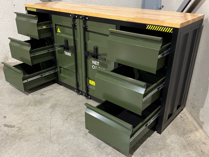 Metal workbench with a wooden top