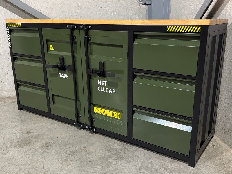 Metal workbench with a wooden top