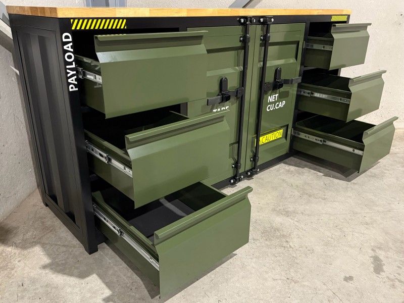 Metal workbench with a wooden top