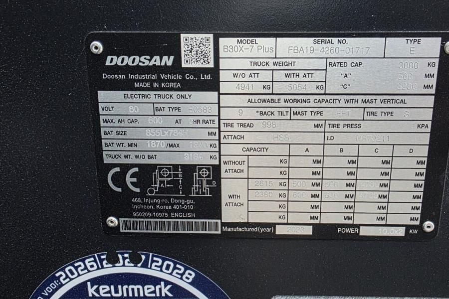 Doosan B30X-7 Plus Electric, 3 Tons Capacity, Lift Height