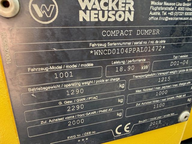 Wacker Neuson 1001 Wieldumper Hoogkiep Knikshovel Knikdumper
