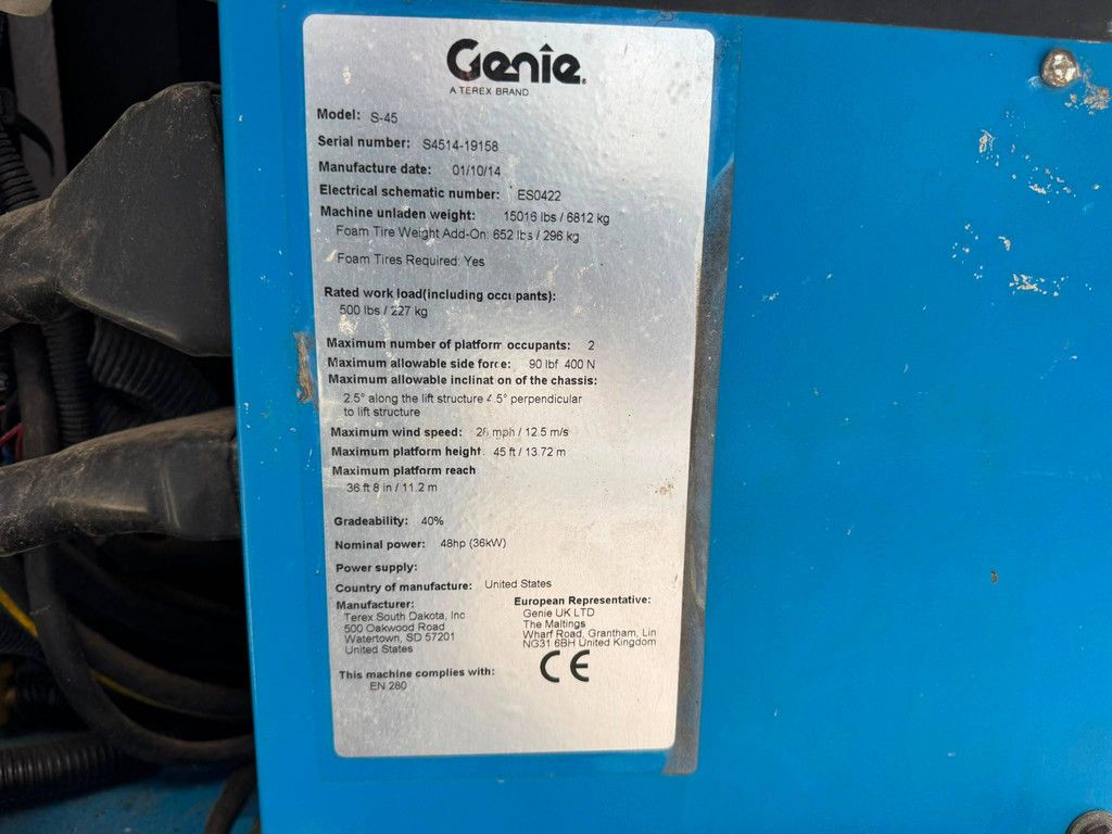 Genie S-45 Diesel Telescopic Boom Lift 15.72m 2014