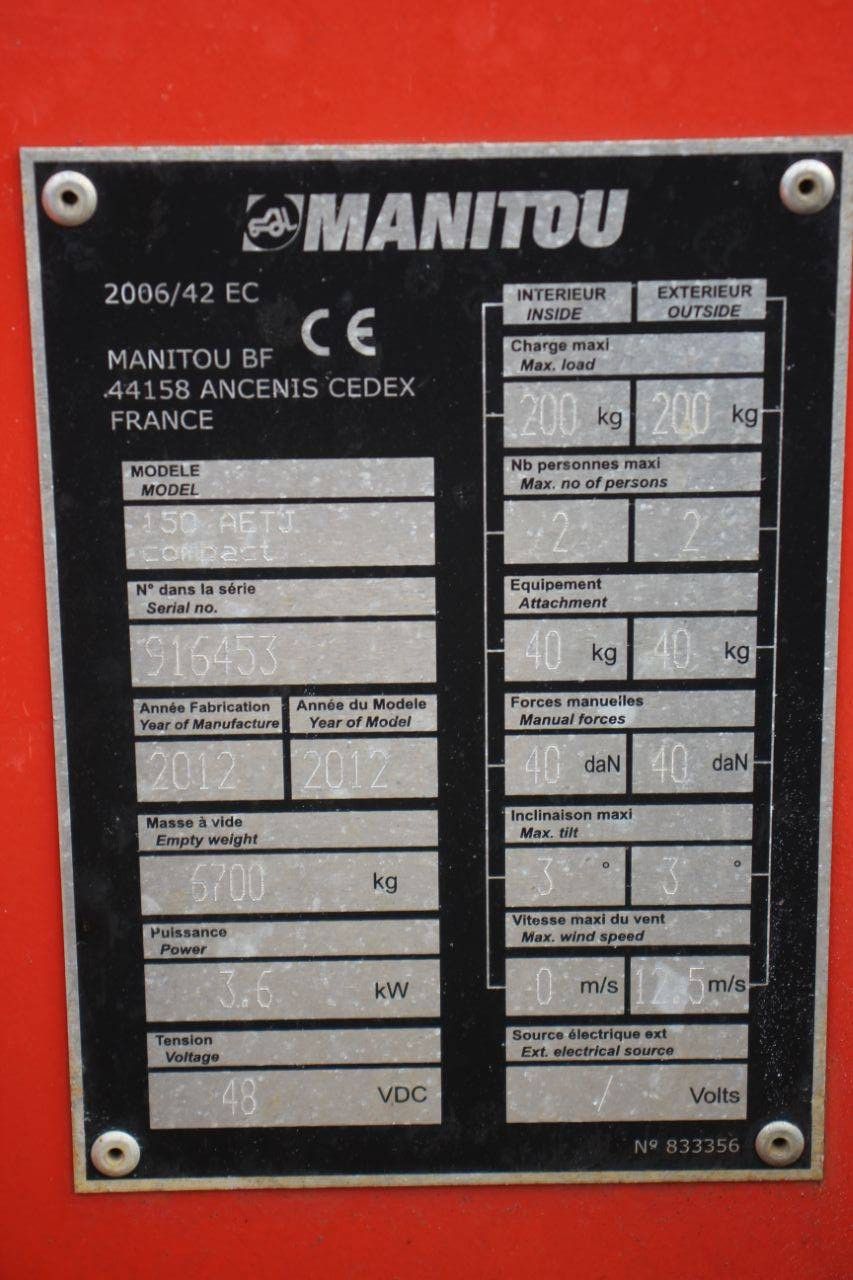 Manitou 150 AETJ Compact Electric Articulated Boom Lift 15m 2012