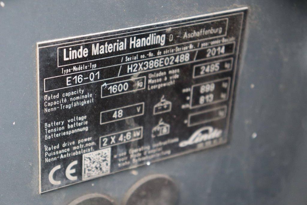 Linde E16-01 Electric Forklift 1600kg 4.5m 2014