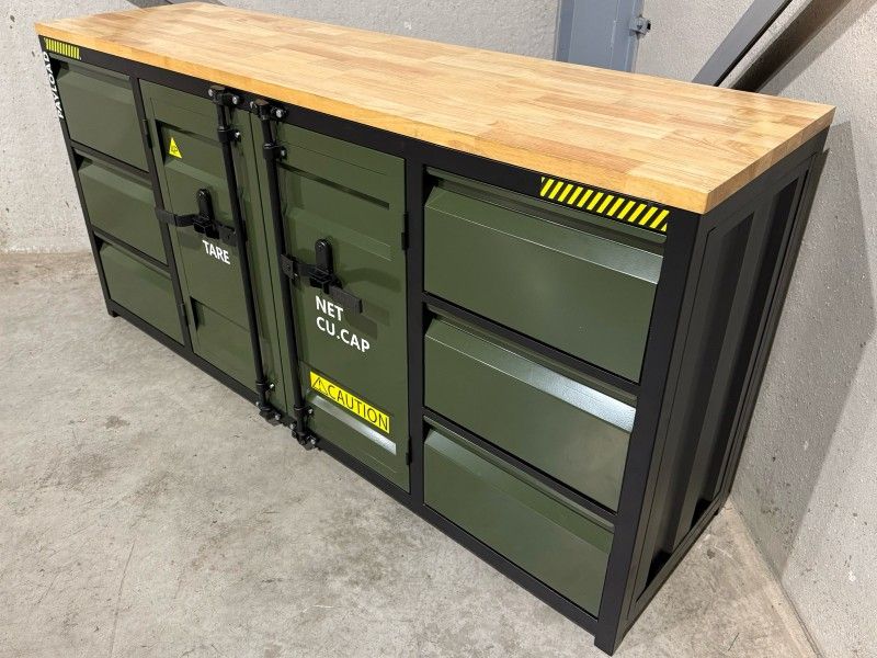 Metal workbench with a wooden top