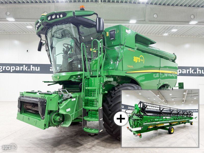 John Deere S685i Hillmaster rotary, 9.15 m 630PF draper header, header trai