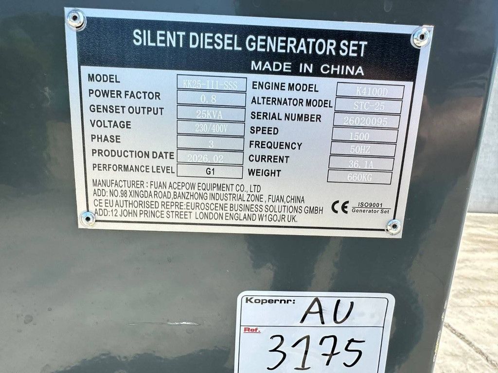 Generator Kawakenki KK25-III-SSS Diesel 25kVA 2026 Neu