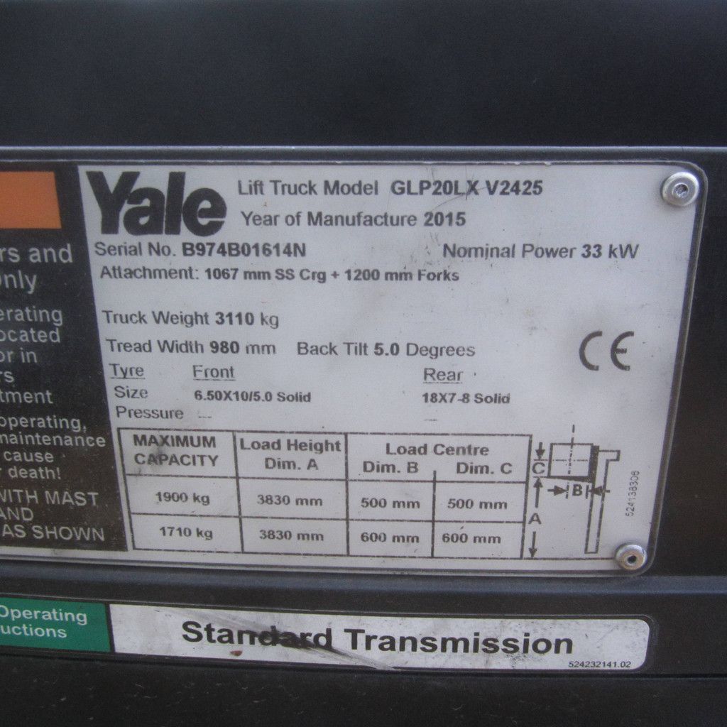 Heftruck Yale GLP20LX LPG 1900kg 3.83m 2015