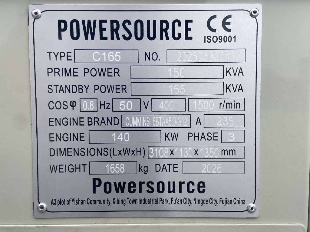 Cummins 6BTAA5.9-G12 - 165 kVA Generator - DPX-19838