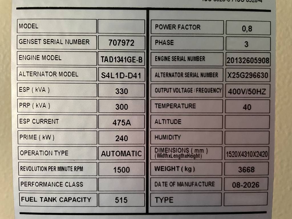Volvo TAD1341GE-B - 330 kVA Generator - DPX-18877