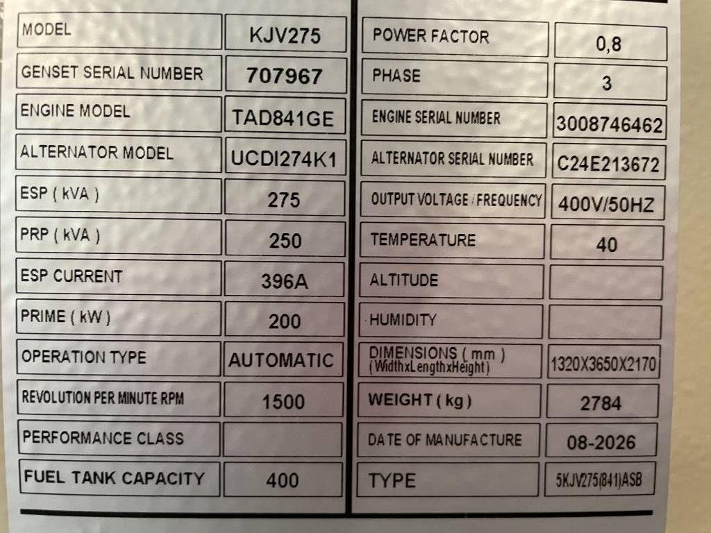 Volvo TAD841GE - 275 kVA Generator - DPX-18876