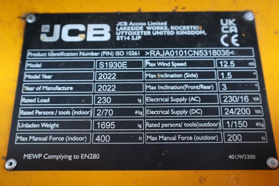 JCB S1930E Valid inspection, 8m Working Height, 230kg