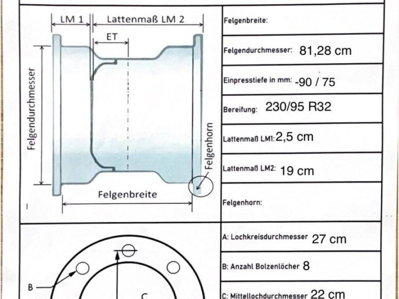 Taurus 230/95 R32, 8-Loch, 100% Profil, Einzelrad