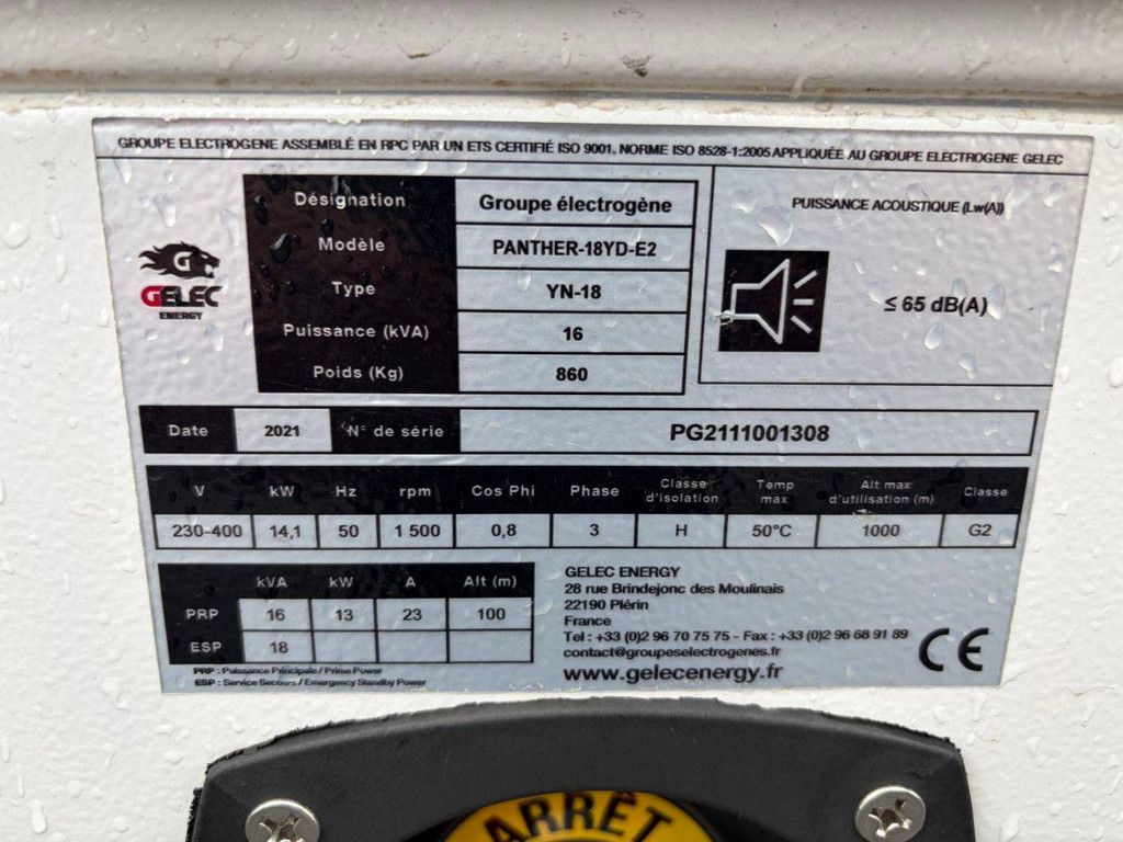 Generator Gelec Panther 18YD-E2 Diesel 16kVA 2021
