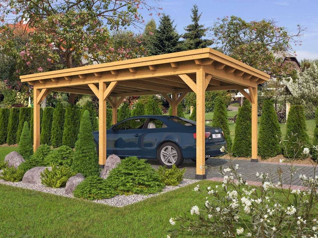 Flat roof shelter Odense XXL Basic Red Class Wood 650x450x266cm (New)