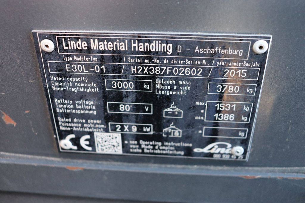 Linde E30L-01 Electric Forklift 3000kg 2015
