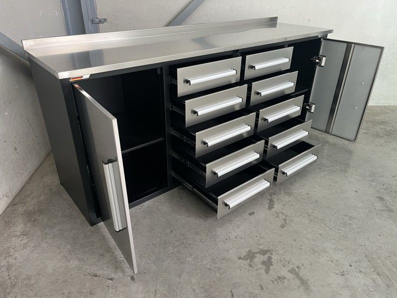 Edelstahl-Werkbank mit 10 Schubladen