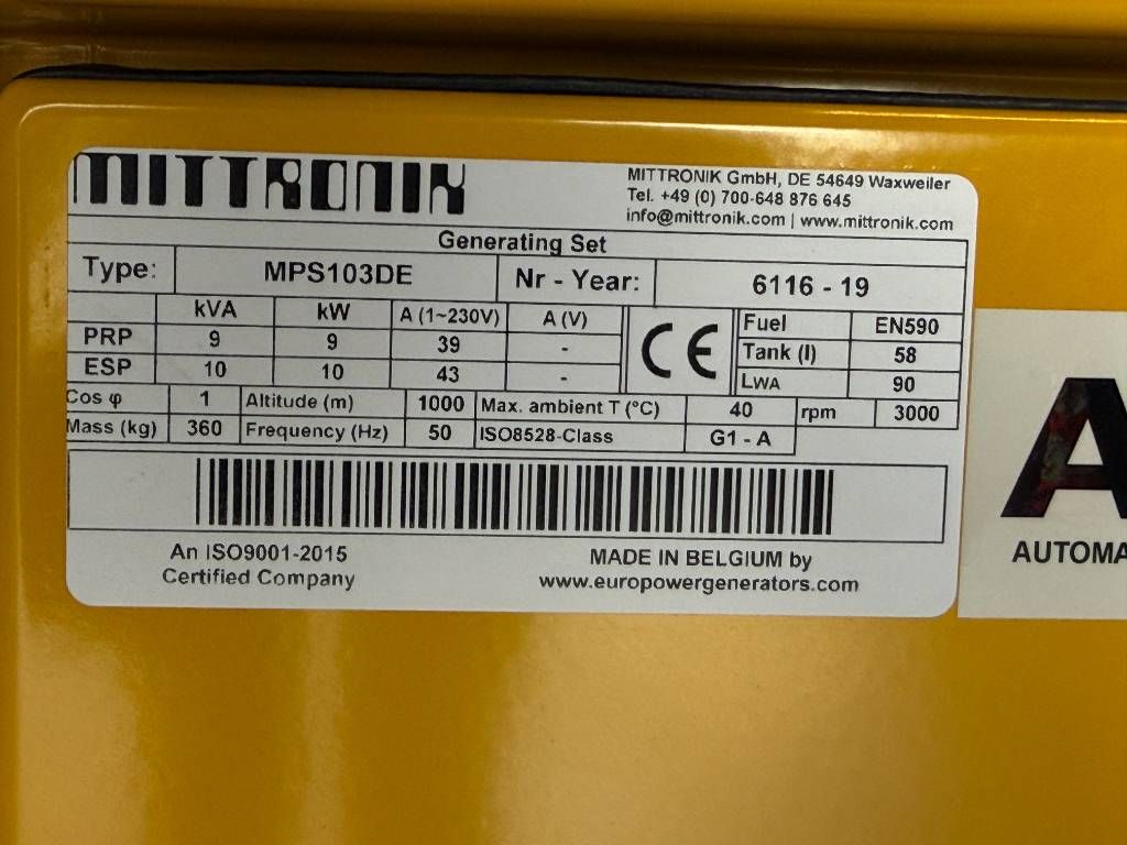 Kubota D722 - MPS103DE- 10 kVA - 1 ph. Genset - DPX-25119