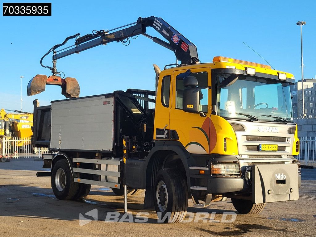 Scania P P340 4X4 NL-Truck 4x4 Big-Axle HMF 1060 K2 Crane + 9m3 3way tipper Automatic Euro 4