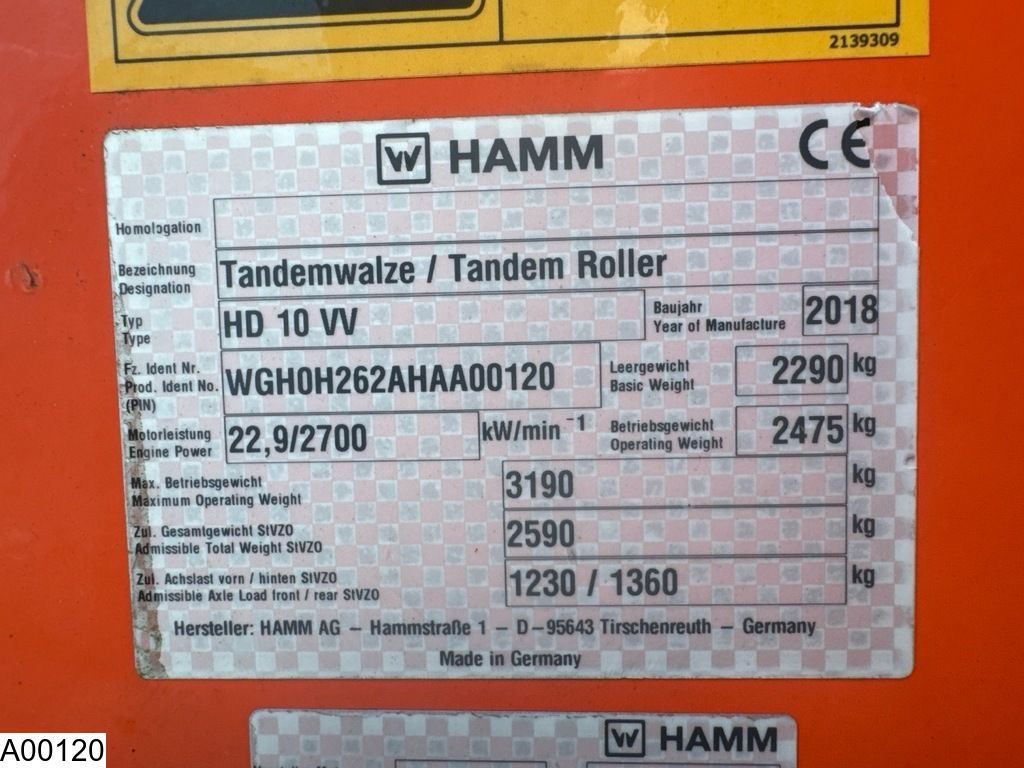 Hamm HD 10 VV 2018, 2475 kg, 22.9 kW Kubota