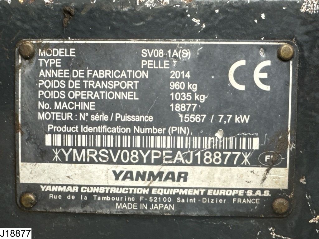 Yanmar SV08 1A 3100 hr, 2014, 1035 kg, 7,7 kW