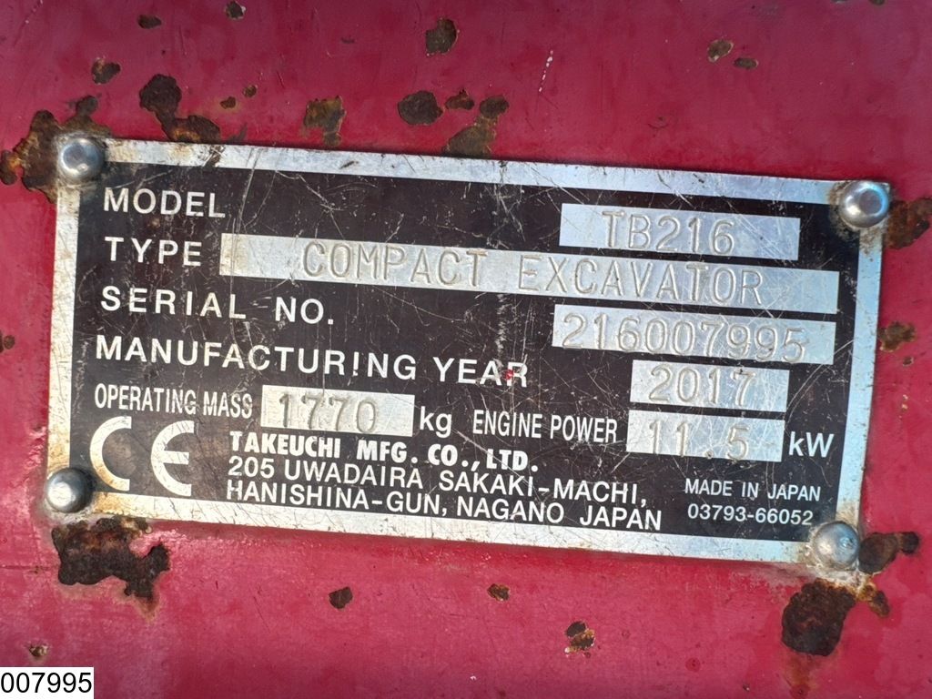 Takeuchi TB216 2700 hr, 11,5 kW, 1770 kg, 2017