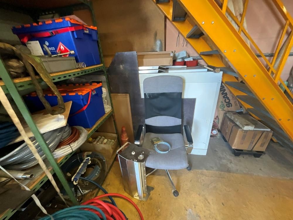 Workshop shelving with contents