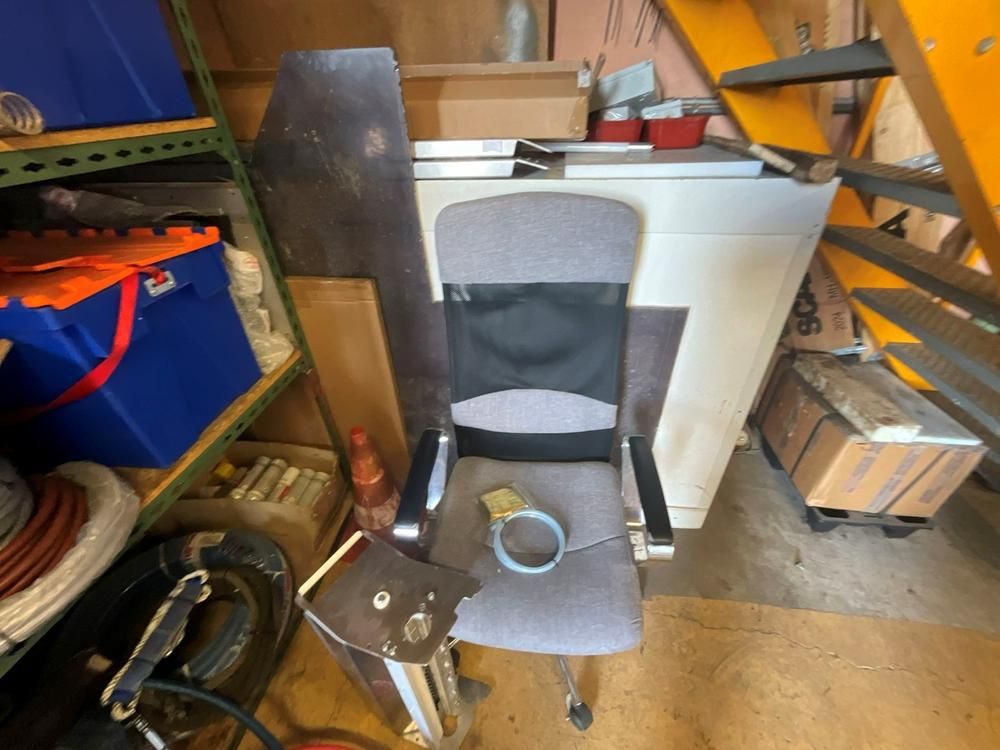 Workshop shelving with contents