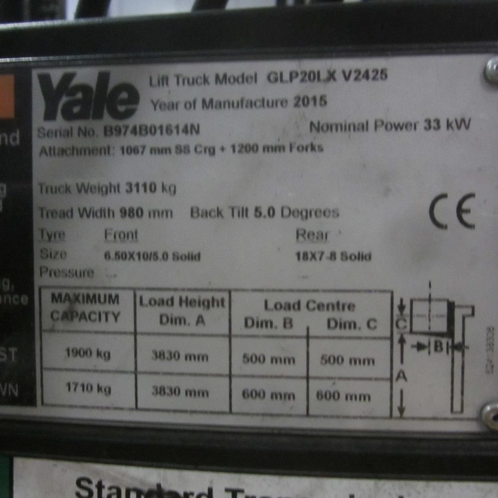 Yale Heftruck GLP20LX, LPG, duplo, side shift.