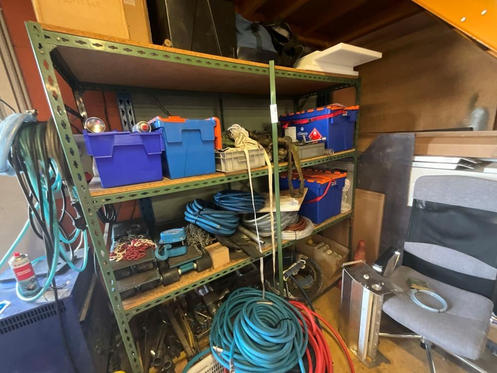 Workshop shelving with contents
