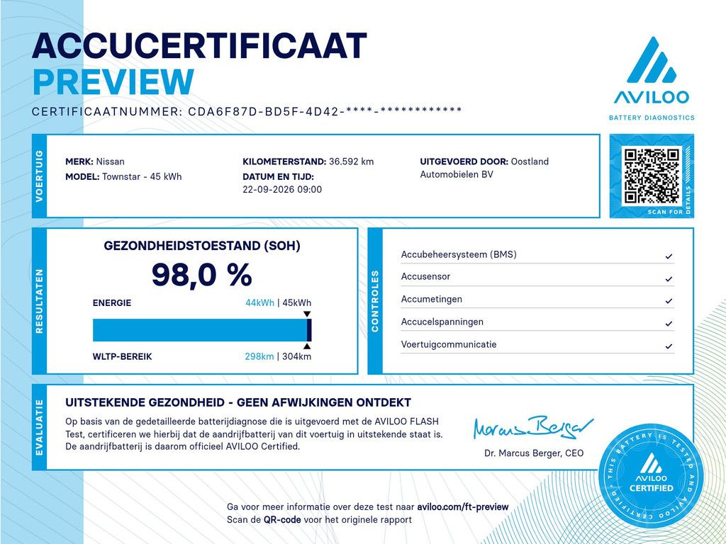 Nissan Townstar Acenta L1 44 kWh / 100% elektrisch !! / SOH 98% / Airco / Cruise Control / CarPlay / Camera / 36.600 KM !!