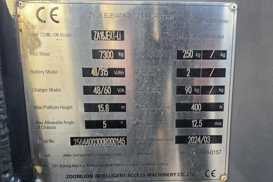 Zoomlion ZA16JERT-LI Valid Inspection, Electric, 4x4 Drive,